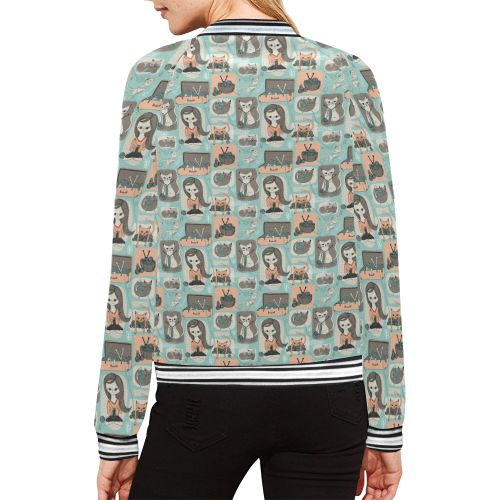 Cat is Embroiderers All Over Print Bomber Jacket for Women (Model H21)