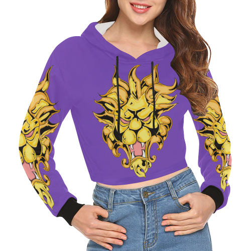 Gold Metallic Lion Purple All Over Print Crop Hoodie for Women (Model H22)