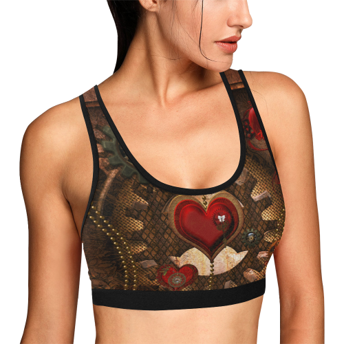 Steampunk, awesome herats with clocks and gears Women's All Over Print Sports Bra (Model T52)
