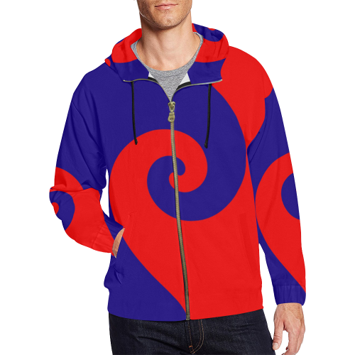Mod Hippie Red and Blue Curlicue Swirls All Over Print Full Zip Hoodie for Men/Large Size (Model H14)