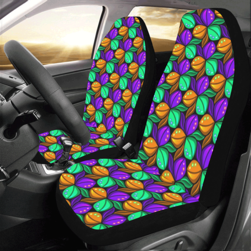 Tricolor Floral Pattern Orange Green and Violet Car Seat Covers (Set of 2)