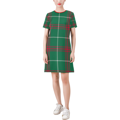 Welsh National Tartan Short-Sleeve Round Neck A-Line Dress (Model D47)