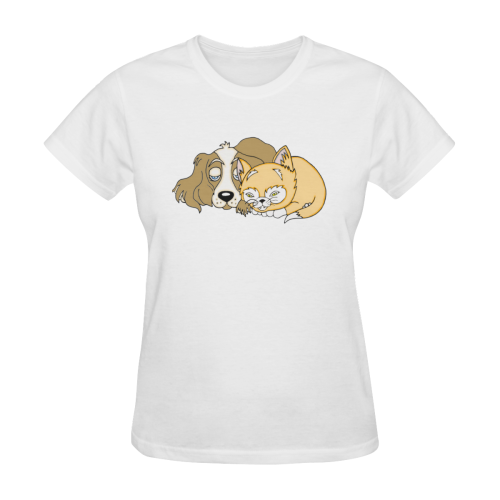 Napping Dog And Kitten White Women's T-Shirt in USA Size (Two Sides Printing)