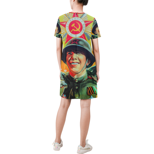 GLORY TO THE VICTORIOUS WARRIOR! Short-Sleeve Round Neck A-Line Dress (Model D47)