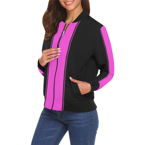 Pink Race Car Stripes Black Sides All Over Print Bomber Jacket for Women (Model H19)