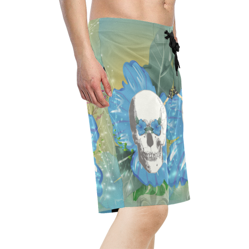 Funny skull with blue flowers Men's All Over Print Board Shorts (Model L16)