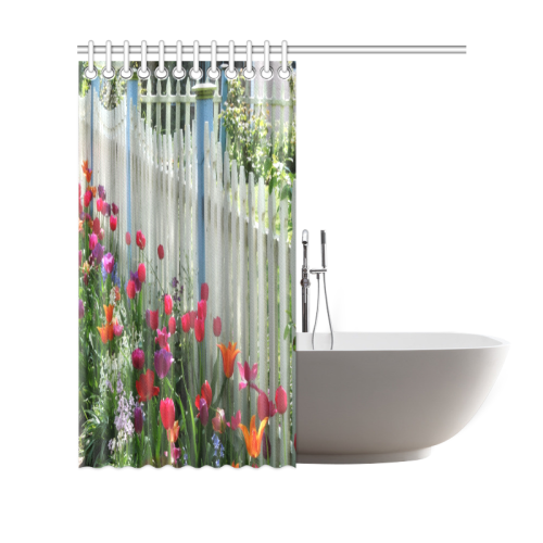 Tulips Garden Along White Picket Fence Photo Shower Curtain Shower Curtain 69"x70"
