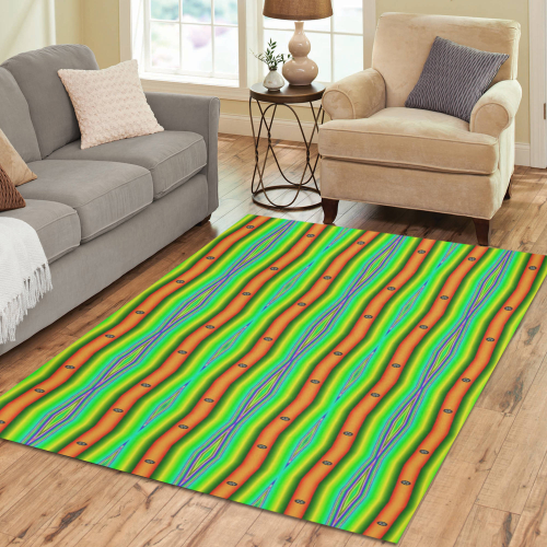 Bright Green Orange Stripes Pattern Abstract Area Rug7'x5'