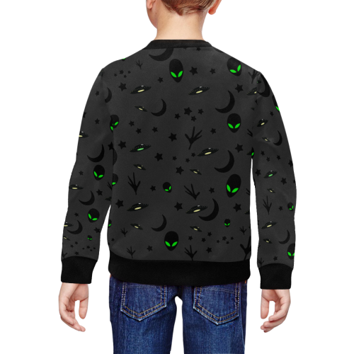 Alien Flying Saucers Stars Pattern on Charcoal All Over Print Crewneck Sweatshirt for Kids (Model H29)