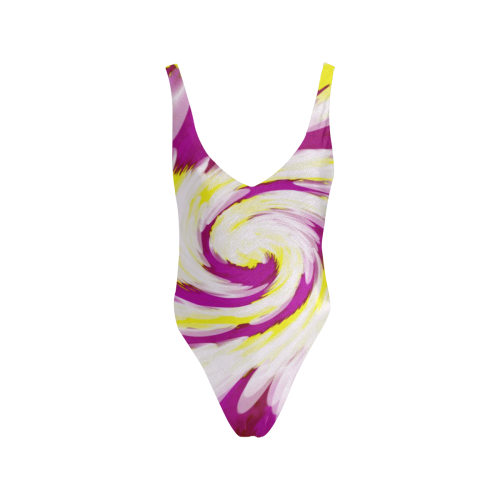 Pink Yellow Tie Dye Swirl Abstract Sexy Low Back One-Piece Swimsuit (Model S09)