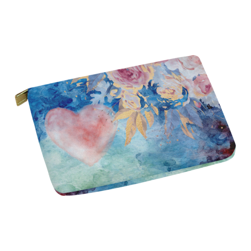 Heart and Flowers - Pink and Blue Carry-All Pouch 12.5''x8.5''