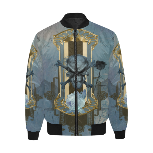 The blue skull with crow All Over Print Quilted Bomber Jacket for Men (Model H33)