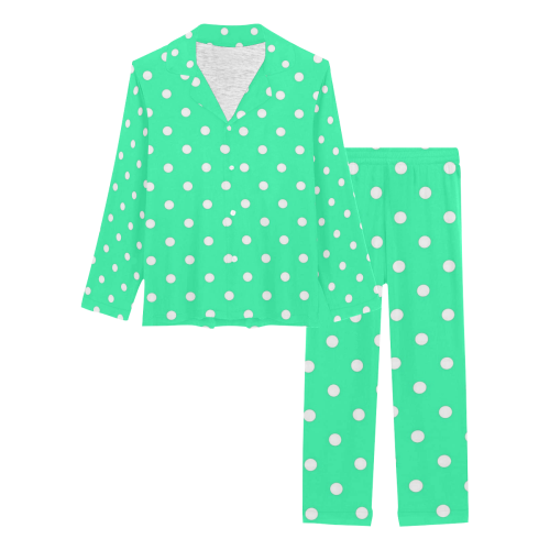 Mint Green White Dots Women's Long Pajama Set