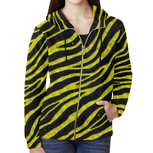 Ripped SpaceTime Stripes - Yellow All Over Print Full Zip Hoodie for Women (Model H14)