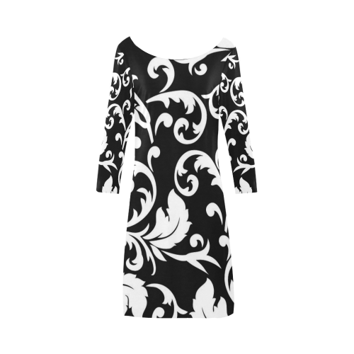 Black and White Floral Swirl Pattern Bateau A-Line Skirt (D21)