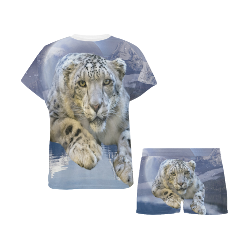 Snow Leopard and Moon Women's Short Pajama Set