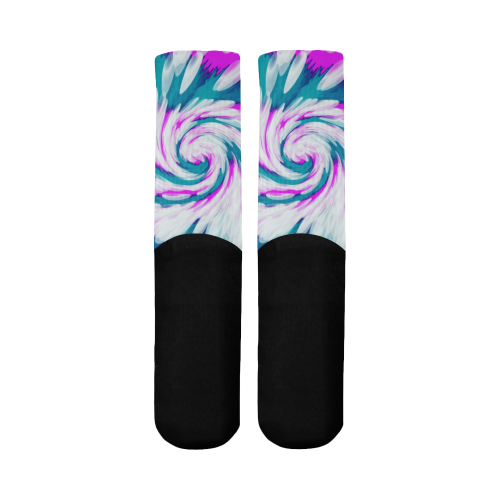 Turquoise Pink Tie Dye Swirl Abstract Mid-Calf Socks (Black Sole)