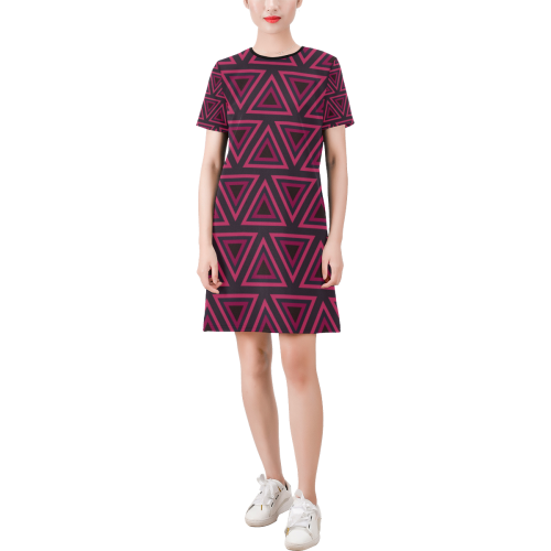 Tribal Ethnic Triangles Short-Sleeve Round Neck A-Line Dress (Model D47)