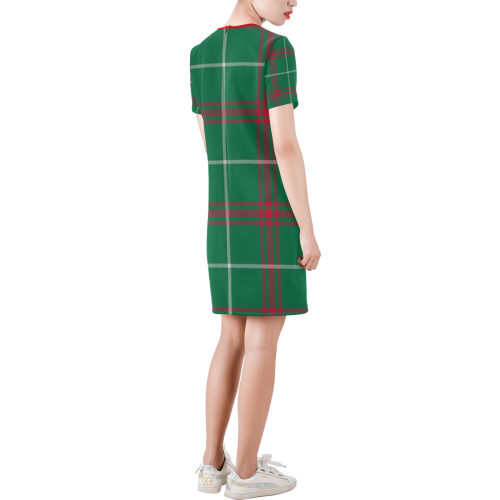 Welsh National Tartan Short-Sleeve Round Neck A-Line Dress (Model D47)