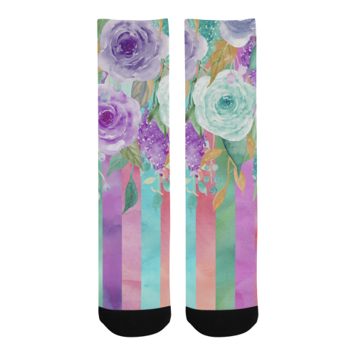 Watercolor Flowers Stripes Cyan Purple Orange Trouser Socks (For Men)