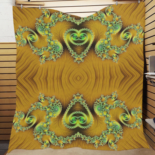 Gold and Green  Hearts  Lace Fractal Abstract Quilt 70"x80"