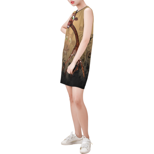 Sweet, cute giraffe Sleeveless Round Neck Shift Dress (Model D51)