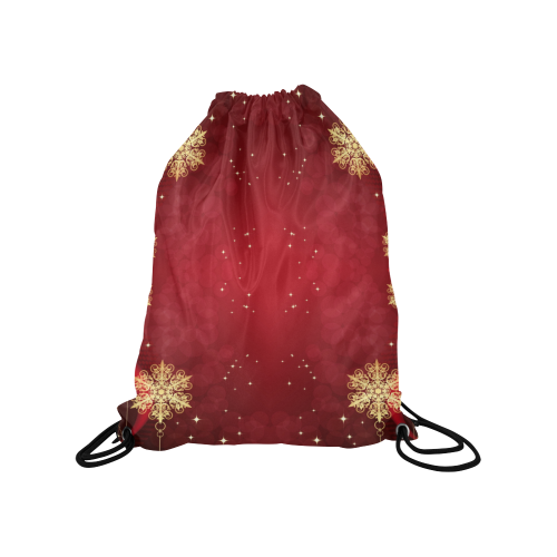 Golden Christmas Snowflake Ornaments on Red Medium Drawstring Bag Model 1604 (Twin Sides) 13.8"(W) * 18.1"(H)