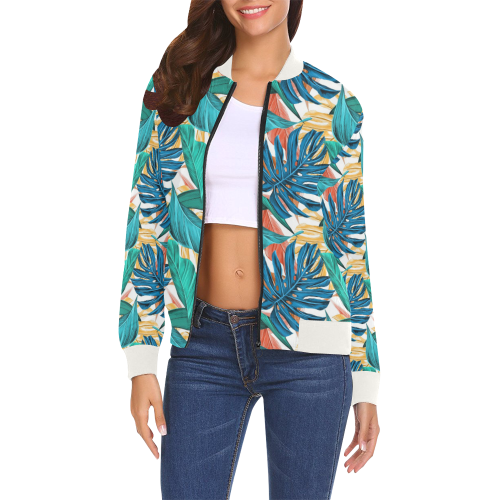 Tropical Jungle Leaves All Over Print Bomber Jacket for Women (Model H19)