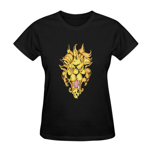 Gold Metallic Lion Black Women's T-Shirt in USA Size (Two Sides Printing)