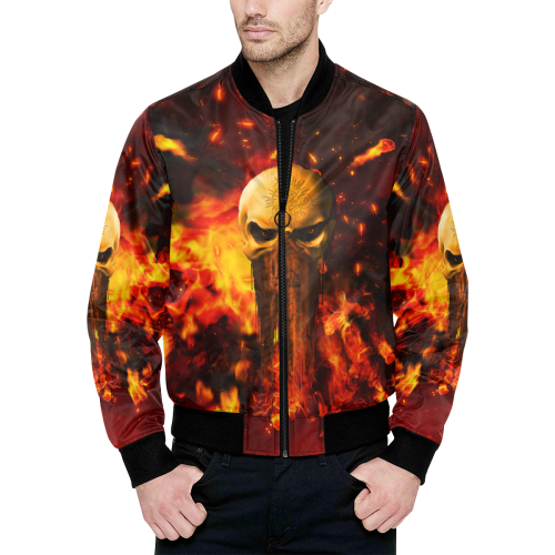 Amazing skull with fire All Over Print Quilted Bomber Jacket for Men (Model H33)