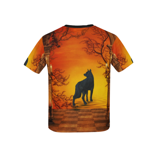 Wonderful black wolf in the night Kids' All Over Print T-Shirt with Solid Color Neck (Model T40)