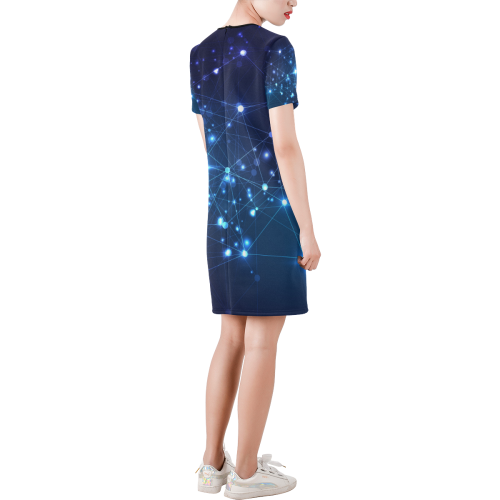 Twinkle Twinkle Little Blue Stars Cosmic Sky Short-Sleeve Round Neck A-Line Dress (Model D47)
