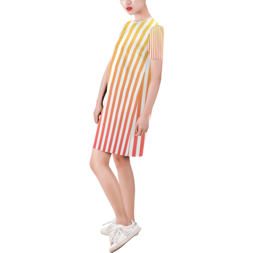 Yellow Orange Stripes on White Short-Sleeve Round Neck A-Line Dress (Model D47)