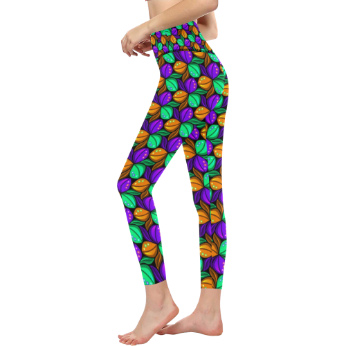 Tricolor Floral Pattern Orange Green and Violet Women's All Over Print High-Waisted Leggings (Model L36)