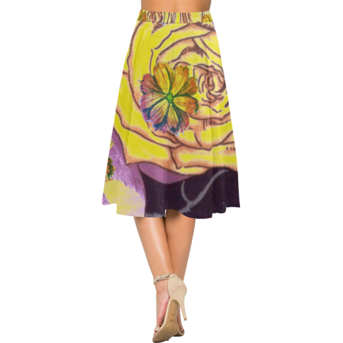 Watercolor Flowers Yellow Purple Green Aoede Crepe Skirt (Model D16)