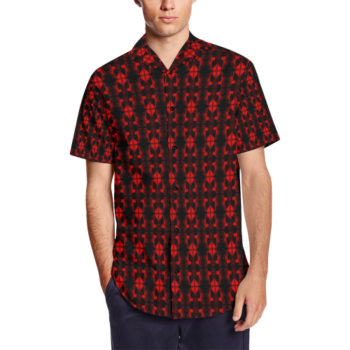 Abstract Flowing * Red on Black Men's Short Sleeve Shirt with Lapel Collar (Model T54)