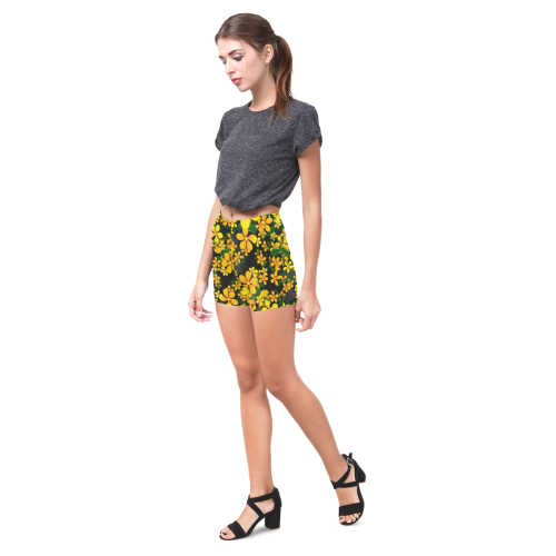 Pretty Orange & Yellow Flowers on Black Briseis Skinny Shorts (Model L04)