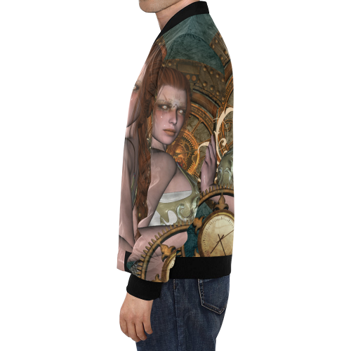 The steampunk lady with awesome eyes, clocks All Over Print Bomber Jacket for Men/Large Size (Model H19)