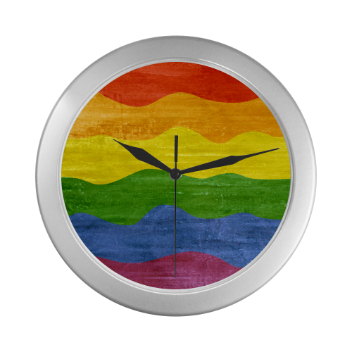Gay Pride - Rainbow Flag Waves Stripes 3 Silver Color Wall Clock