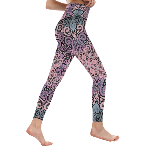 Pink, purple blue, Boho Ornate Watercolor Mandala Women's All Over Print High-Waisted Leggings (Model L36)