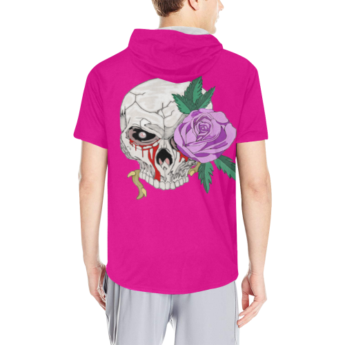 Skull Rose Pink Pink All Over Print Short Sleeve Hoodie for Men (Model H32)