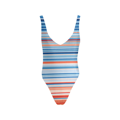 blue and coral stripe 2 Sexy Low Back One-Piece Swimsuit (Model S09)