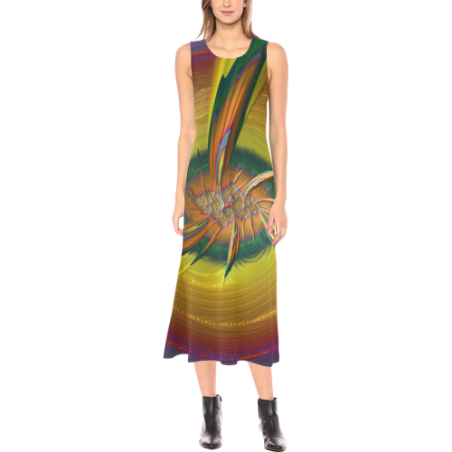 Rainbow Tropical Cyclone Winds Fractal Abstract Phaedra Sleeveless Open Fork Long Dress (Model D08)