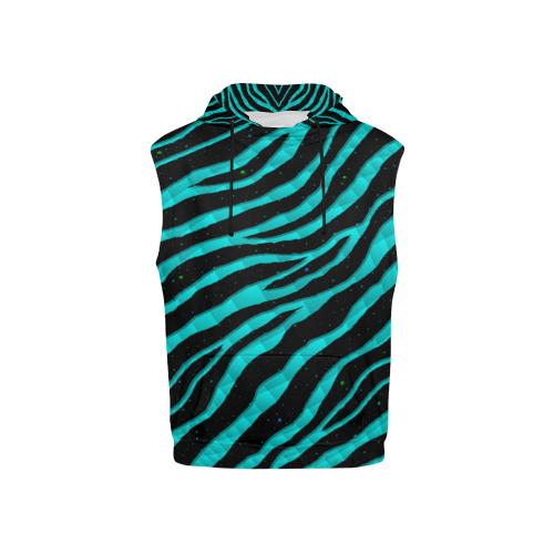 Ripped SpaceTime Stripes - Cyan All Over Print Sleeveless Hoodie for Kid (Model H15)