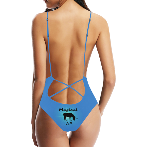 unicorn magical af blue Sexy Lacing Backless One-Piece Swimsuit (Model S10)