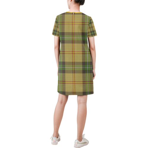 Saskatchewan tartan Short-Sleeve Round Neck A-Line Dress (Model D47)