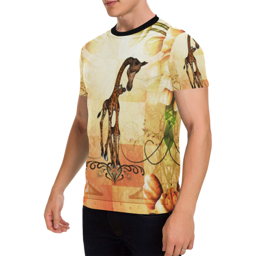 Cute giraffe mum with baby Men's All Over Print T-Shirt with Chest Pocket (Model T56)