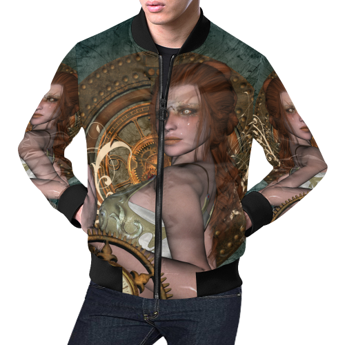 The steampunk lady with awesome eyes, clocks All Over Print Bomber Jacket for Men/Large Size (Model H19)