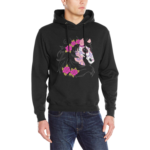 Sugar Skull Horse Pink Roses Black Men's Classic Hoodie (Model H17)
