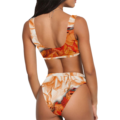 Sorf red flowers with butterflies Sport Top & High-Waisted Bikini Swimsuit (Model S07)